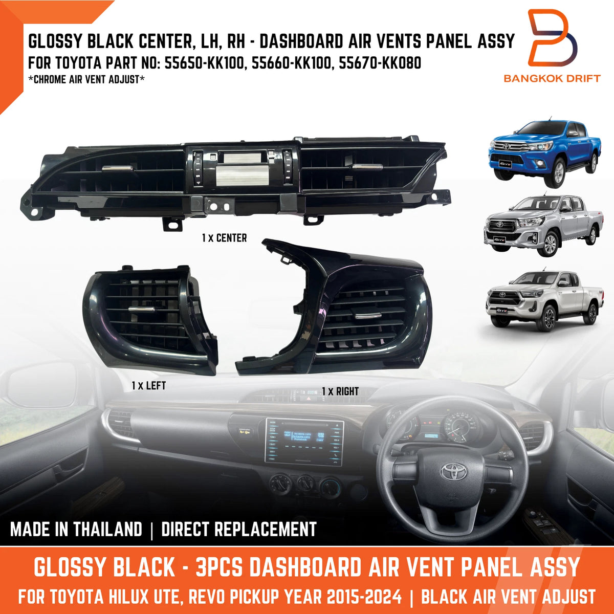 Glossy Black Dashboard Air Vents Panel for Toyota Hilux Revo (2015-2024)