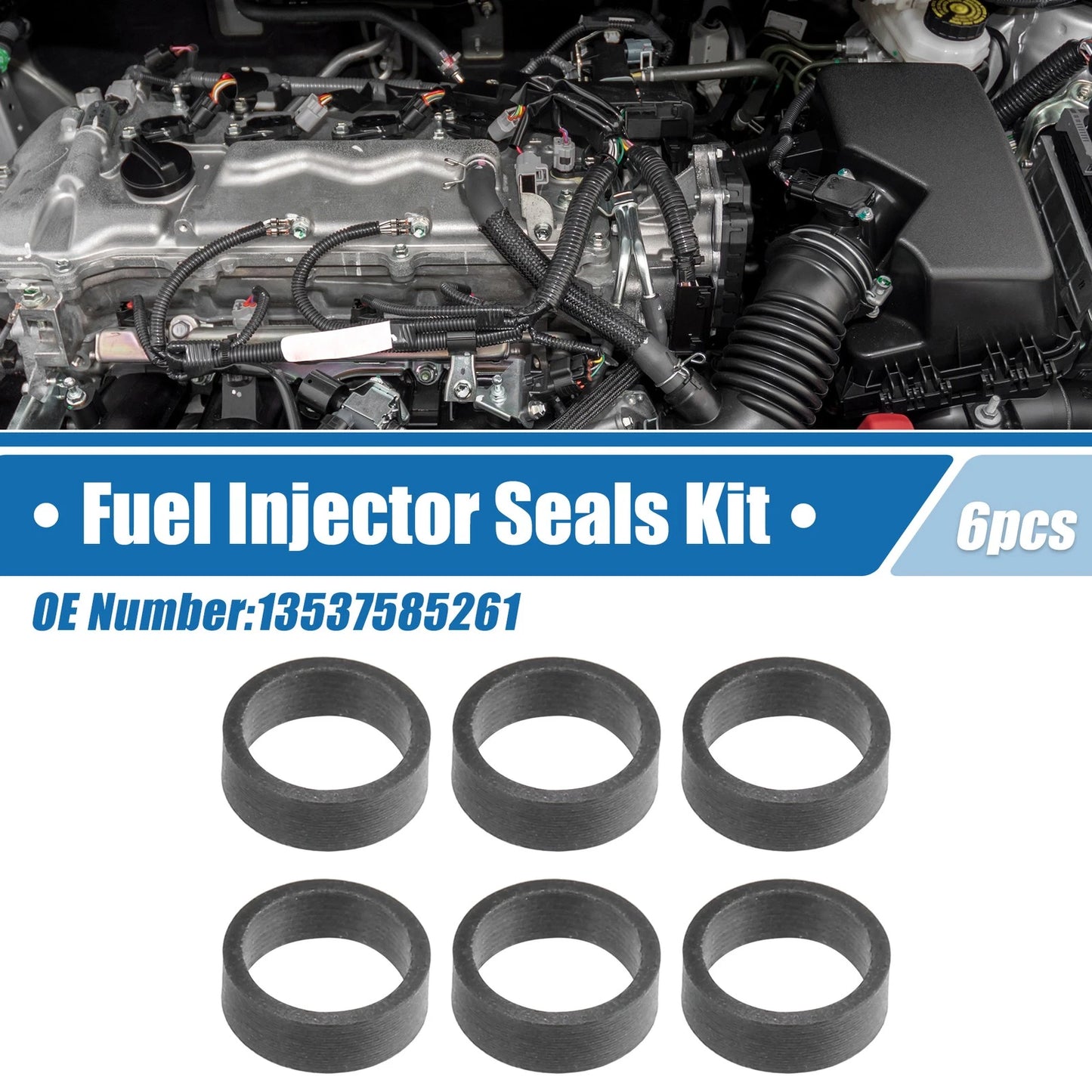 6 x Fuel Injector Seals for BMW X5, X6 (2010-2013) - No.13537585261 Black