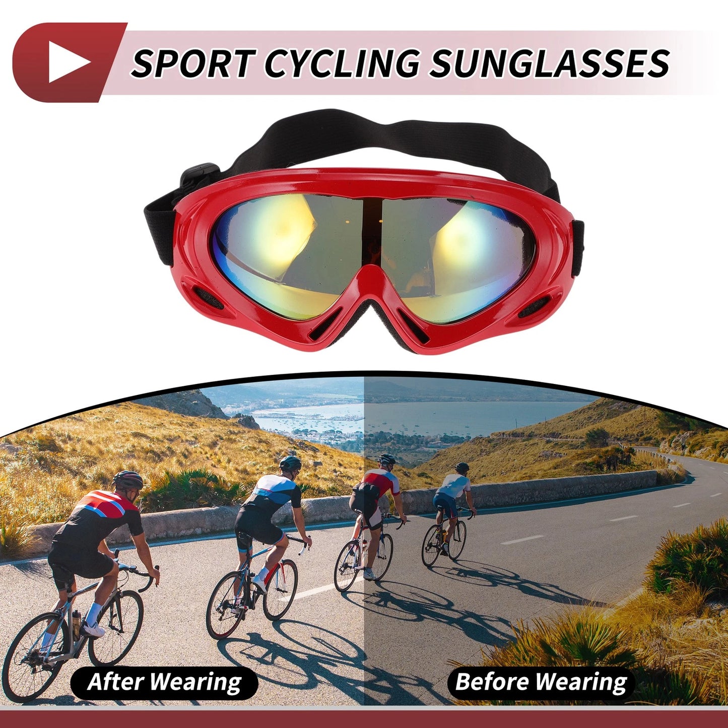 Motorcycle Riding Goggles Yellow Blue Lens Red Frame PC TPU Cycling Sunglasses