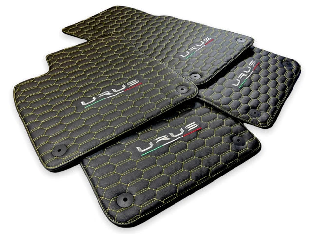 Leather Floor Mats for Lamborghini URUS 2018-2024 Black with Yellow Stitching