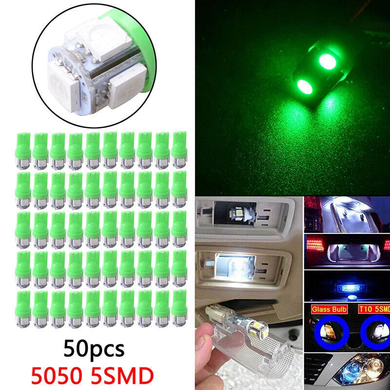 50PCS Green T10 Wedge 5050 5SMD LED Interior Light Bulbs for Vehicles