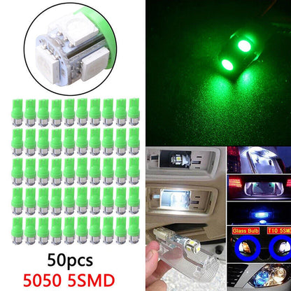 50PCS Green T10 Wedge 5050 5SMD LED Interior Light Bulbs for Vehicles