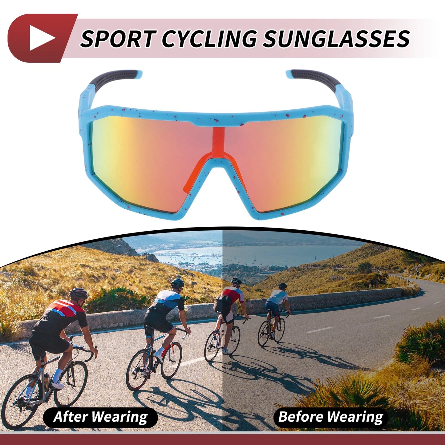 Motorcycle Riding Goggles Red Lens Blue with Red Spots Frame Cycling Sunglasses