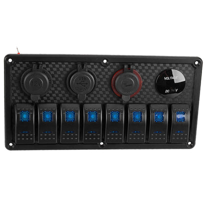 8 Gang Circuit Breaker Rocker Switch Panel for Car Marine Boat - Blue LED