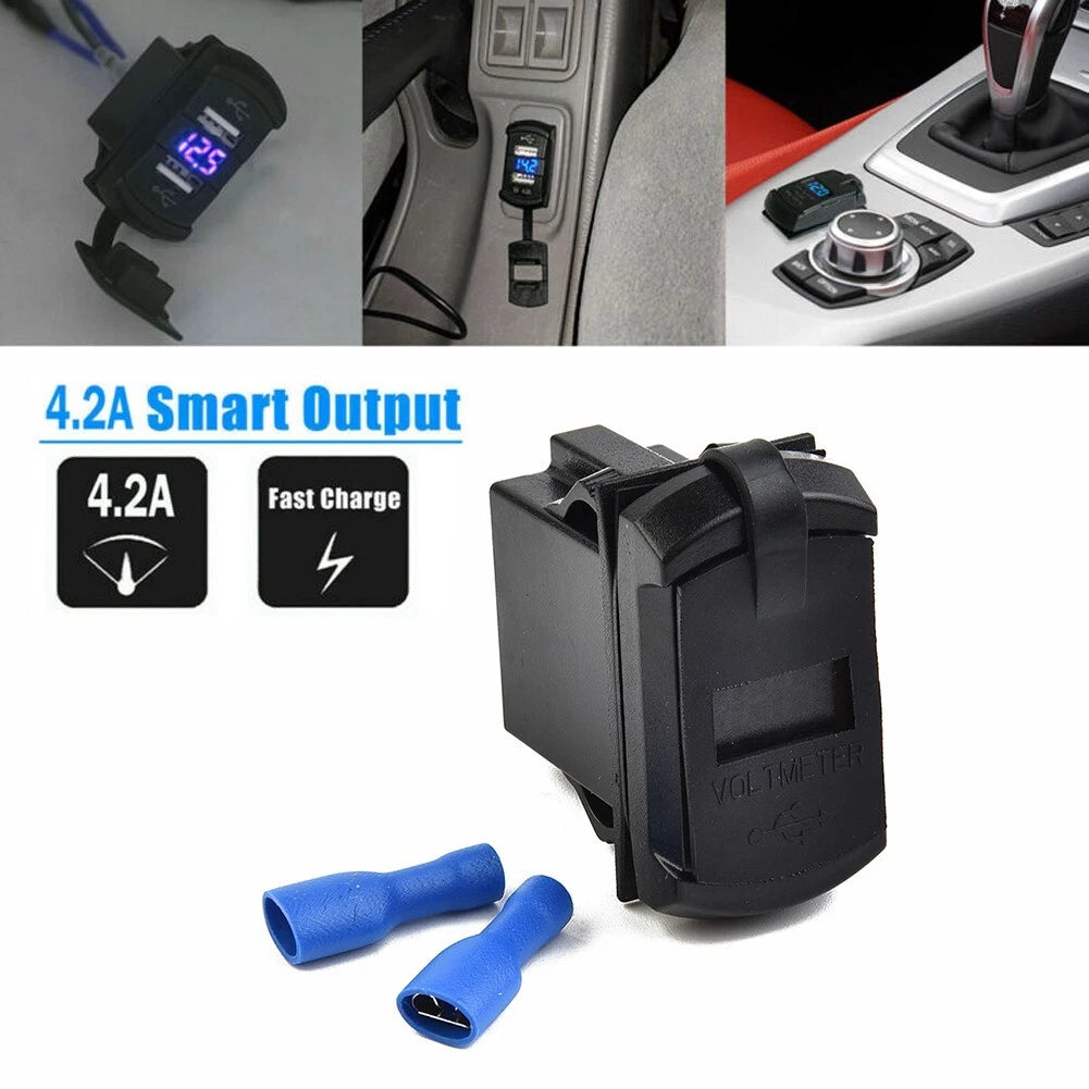 12V/24V 4.2A Dual USB Charger Socket LED Voltmeter Rocker Panel for Car Boat