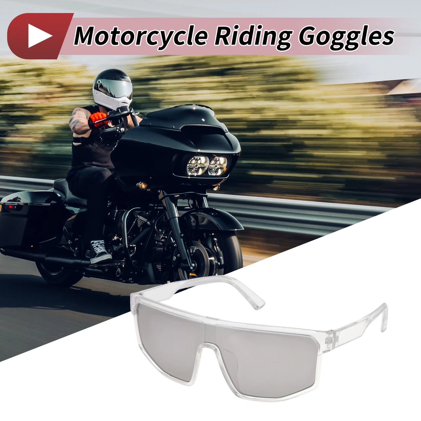Motorcycle Riding Goggles Silver Tone Lens Transparent Frame Cycling Sunglasses