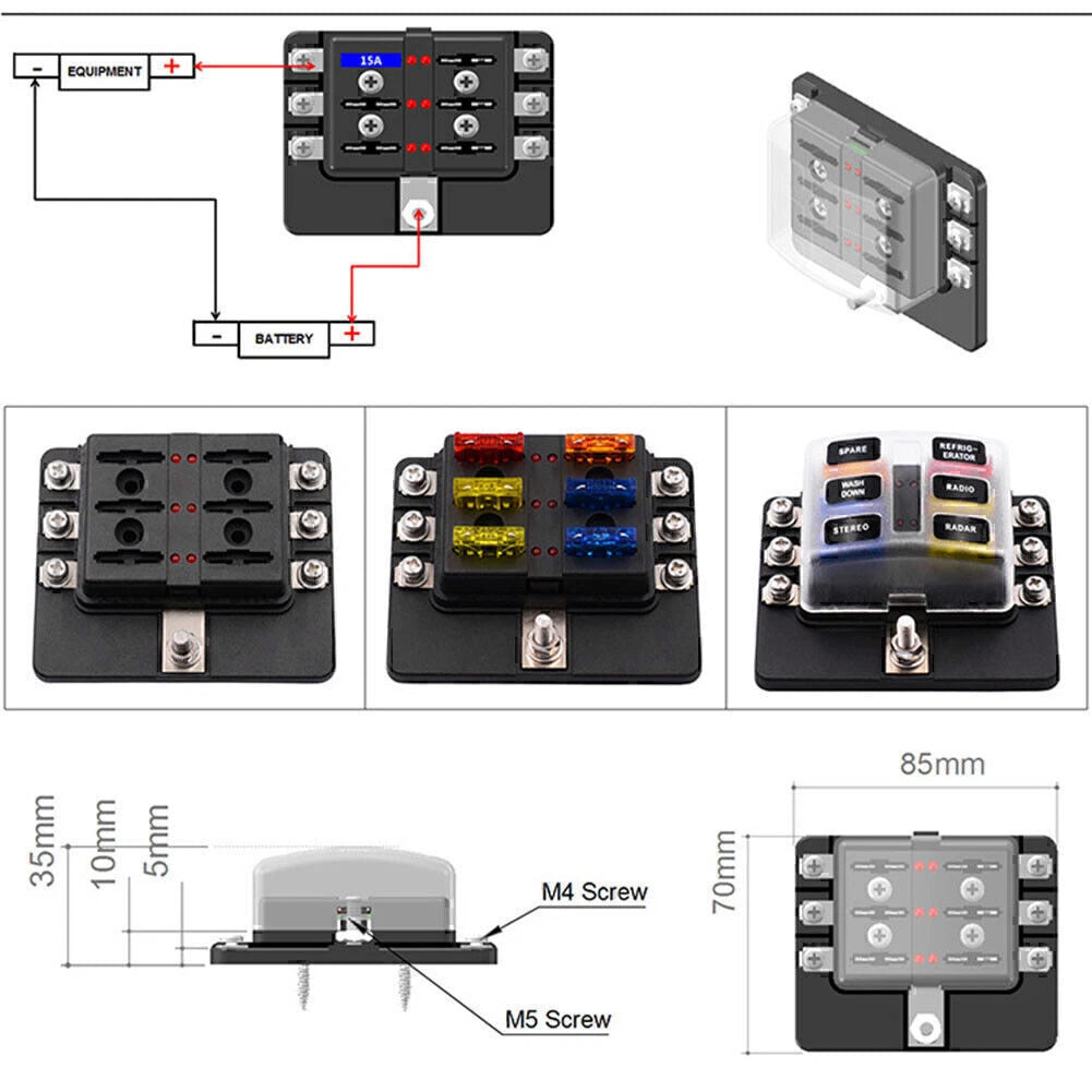 6-Way Blade Fuse Box Block Holder with LED Indicator for Car Marine