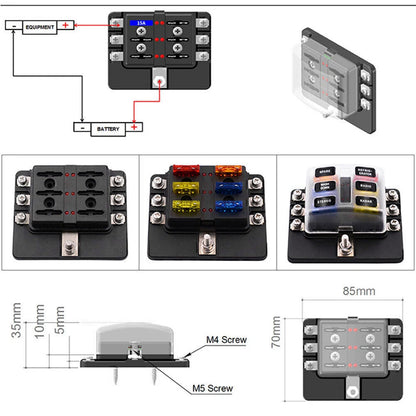 6-Way Blade Fuse Box Block Holder with LED Indicator for Car Marine