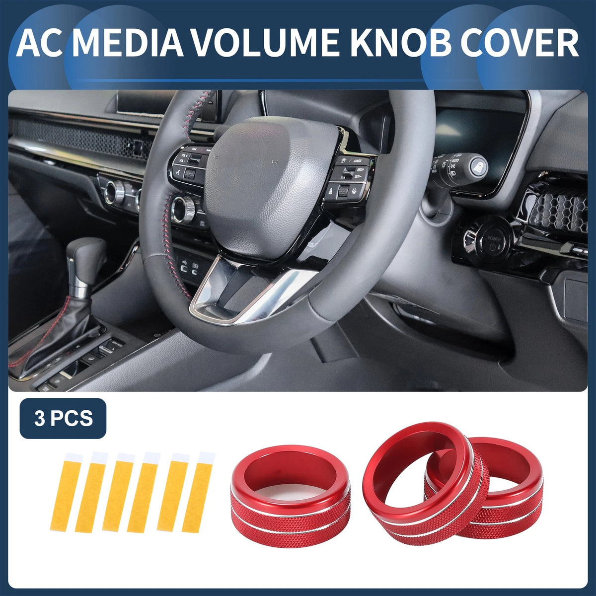 Red 3 x AC Media Volume Switch Knob Cover Ring for Honda CR-V (2023-2024)