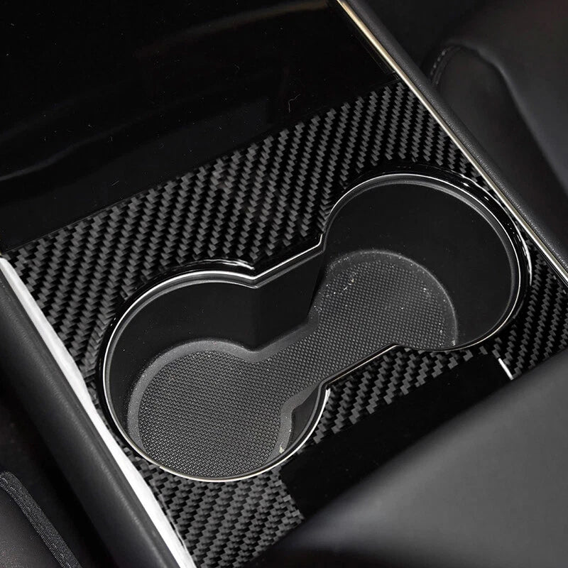 3pcs Carbon Fiber Center Console Cup Holder Wrap Trim fit For Tesla Model 3