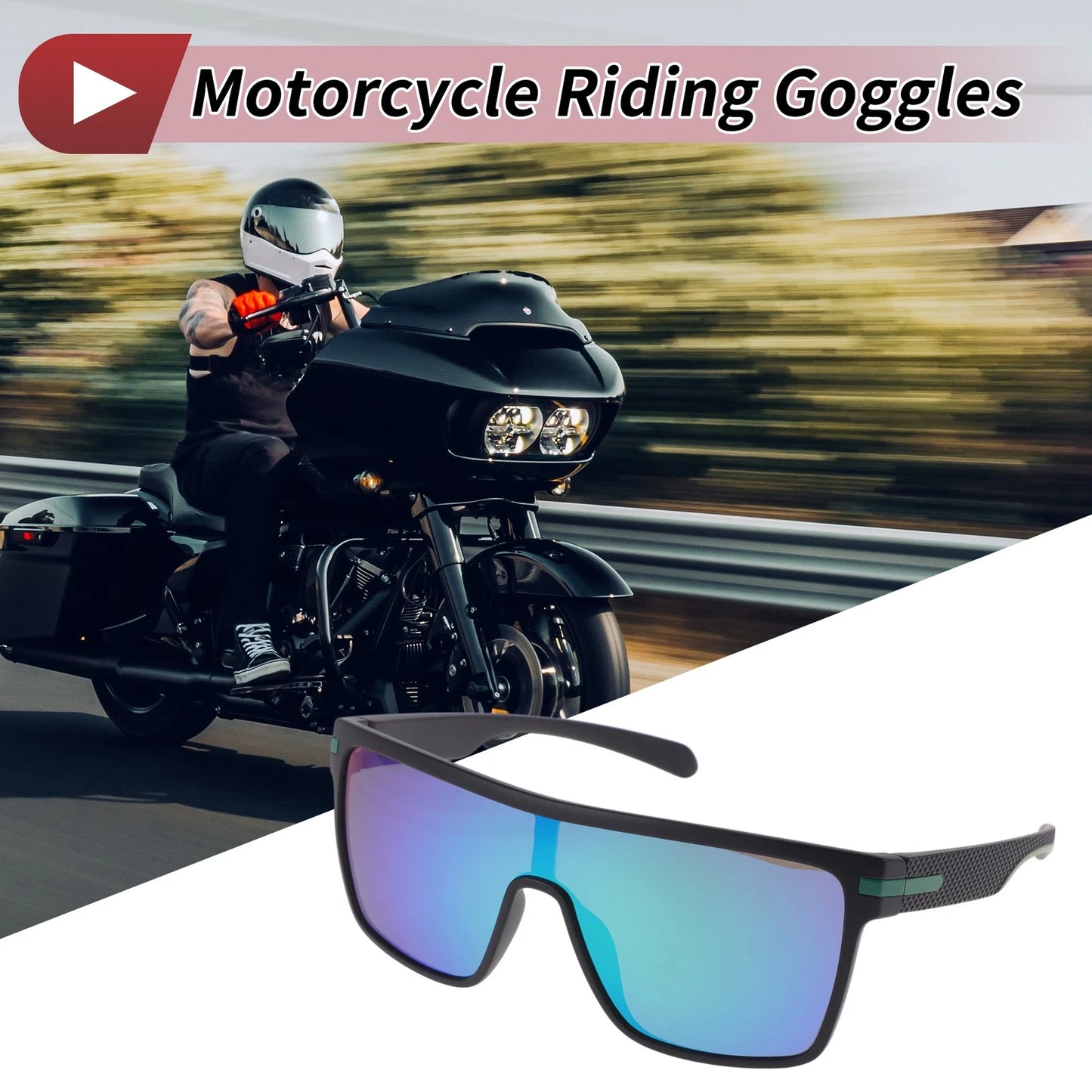 Motorcycle Riding Goggles Green Lens Black Frame Tri-Acetyl Cellulos TR90