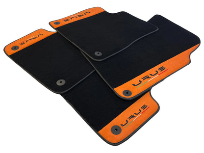 Black Floor Mats for Lamborghini Urus with Orange Alcantara Leather (2018-2024)