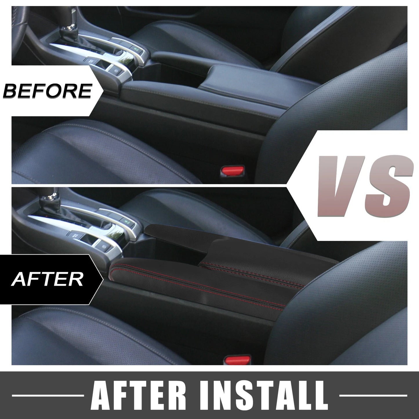 Black Armrest Cover Pad Red Stitches for Honda Civic (2016-2021)