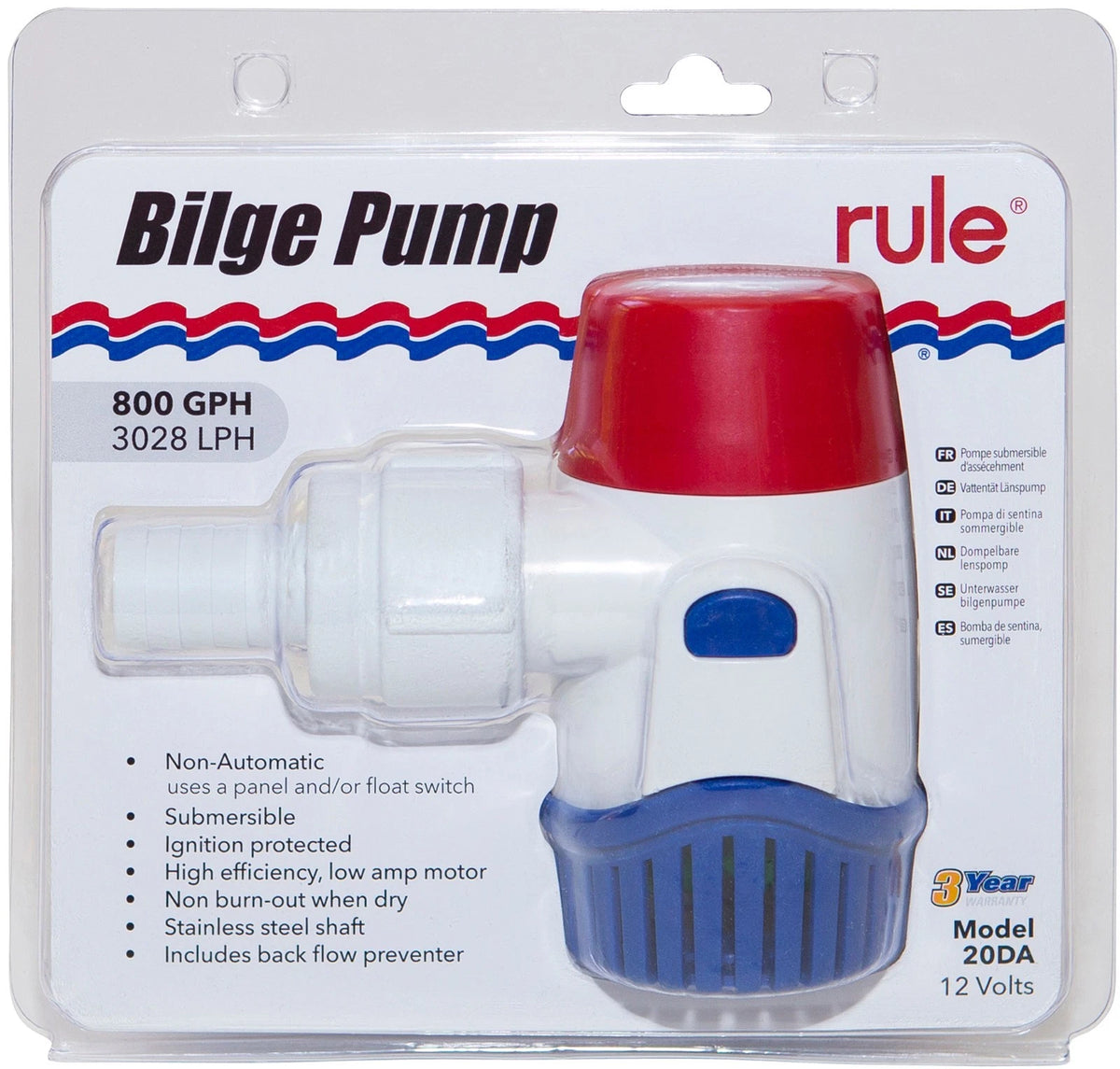 Rule Bilge Pump 800GPH Non-Automatic 12V for Boats, PWC, Jet Skis
