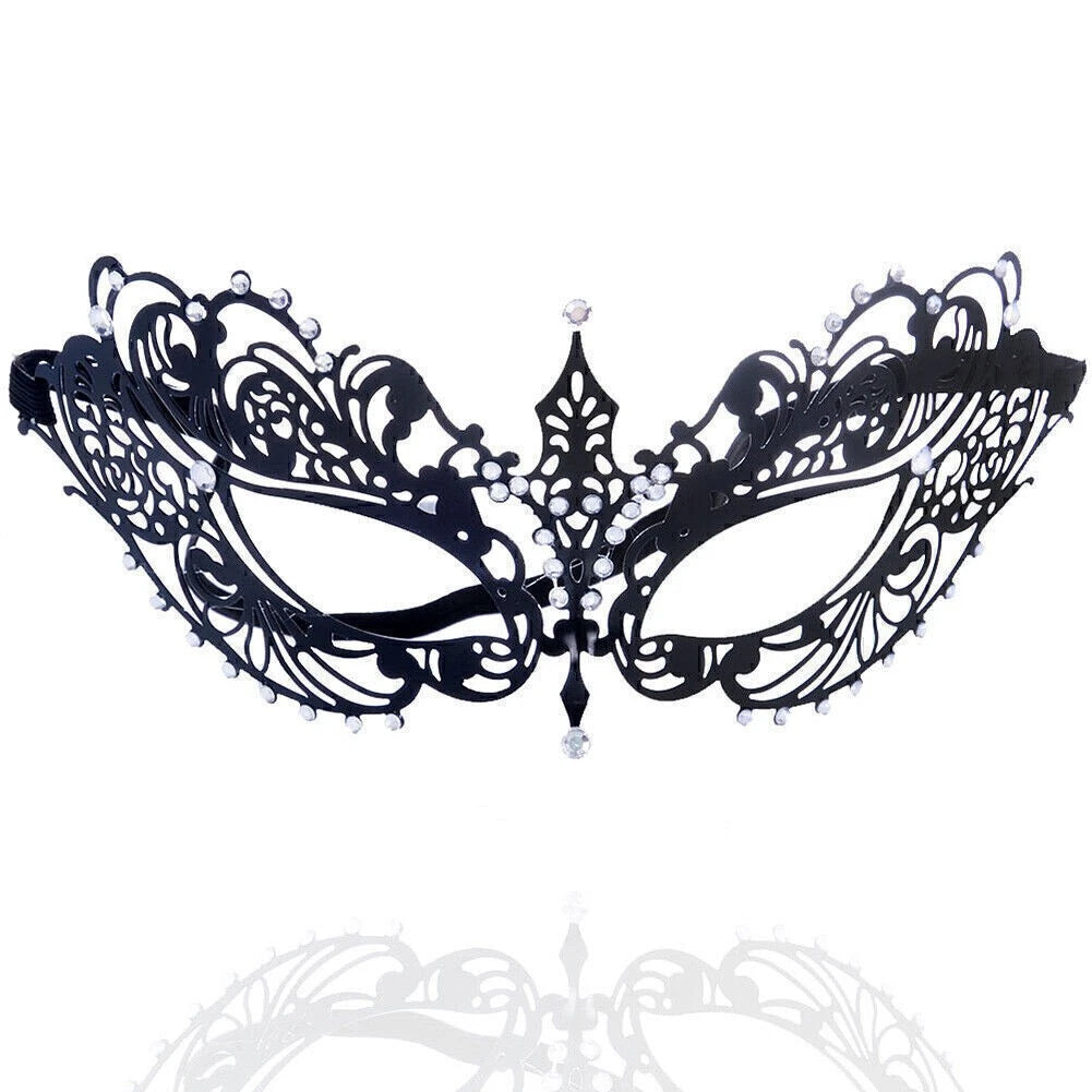 Venetian Metal Filigree Laser Cut Masquerade Black Mask with Rhinestones