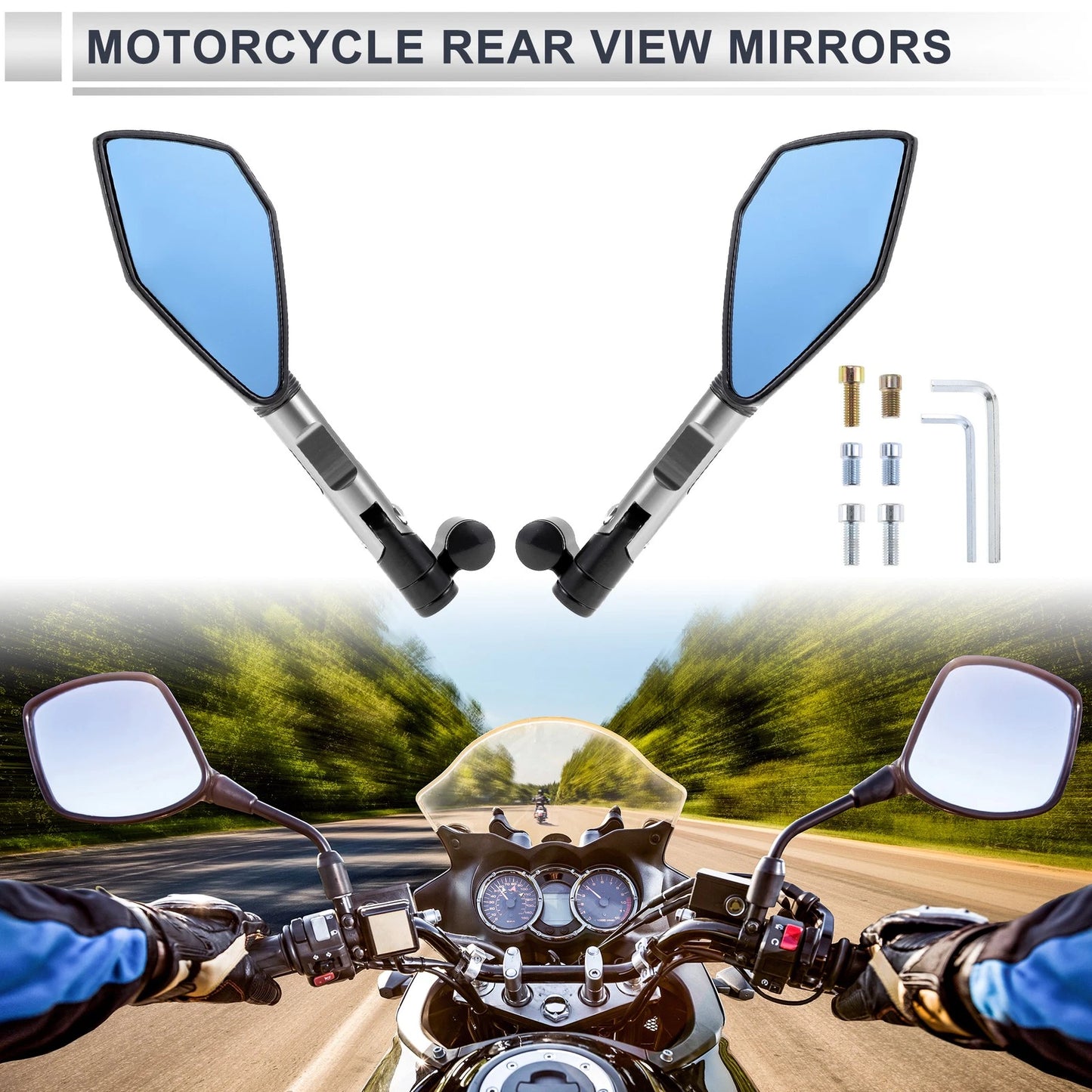 M8/M10 Rear View Mirror for Motorcycle Aluminum Silver Tone