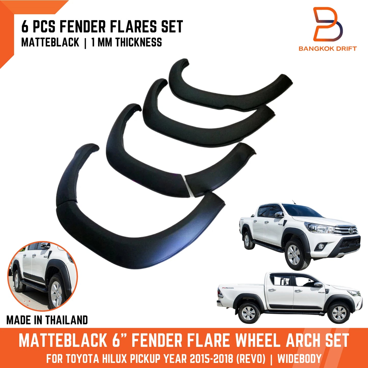 6" Matte Black Fender Flares for Toyota Hilux Ute Revo SR5 (2015-2018)