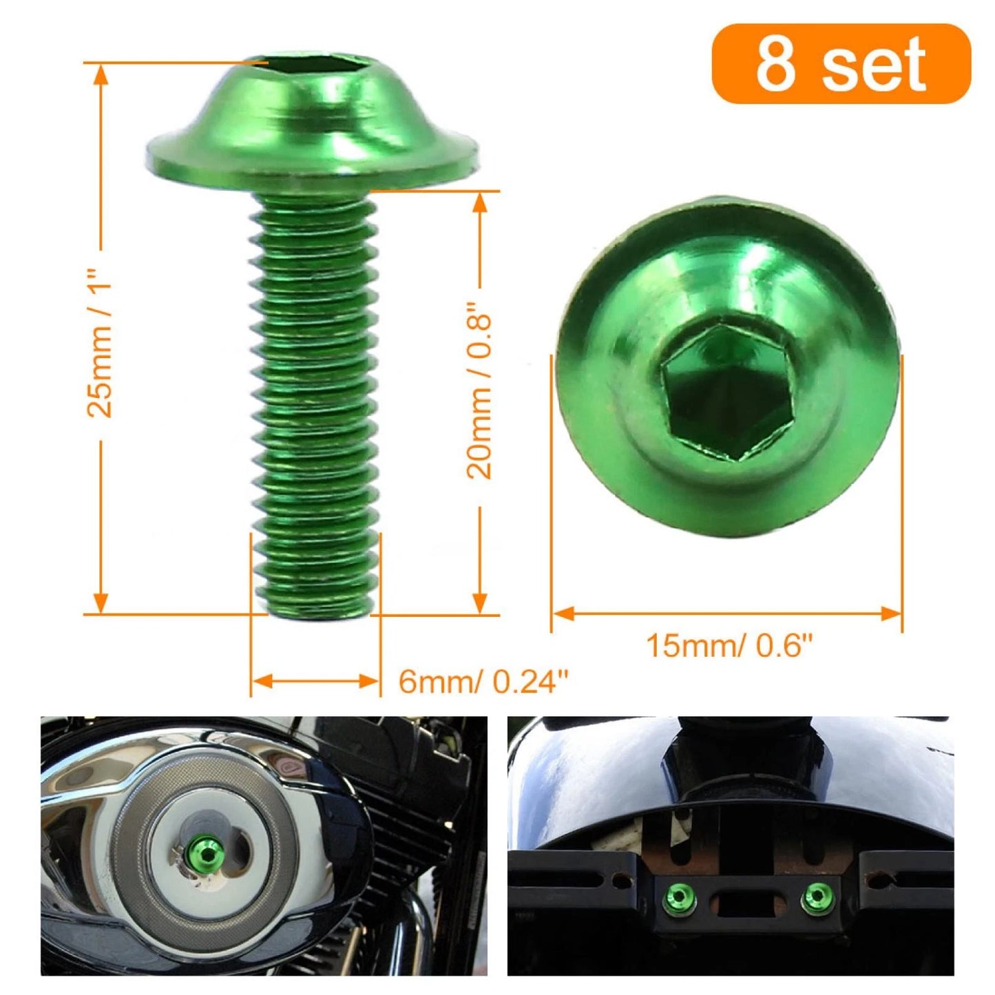 20 x Green Aluminum Alloy Hexagonal Bolts 6mm Thread for Motorcycle
