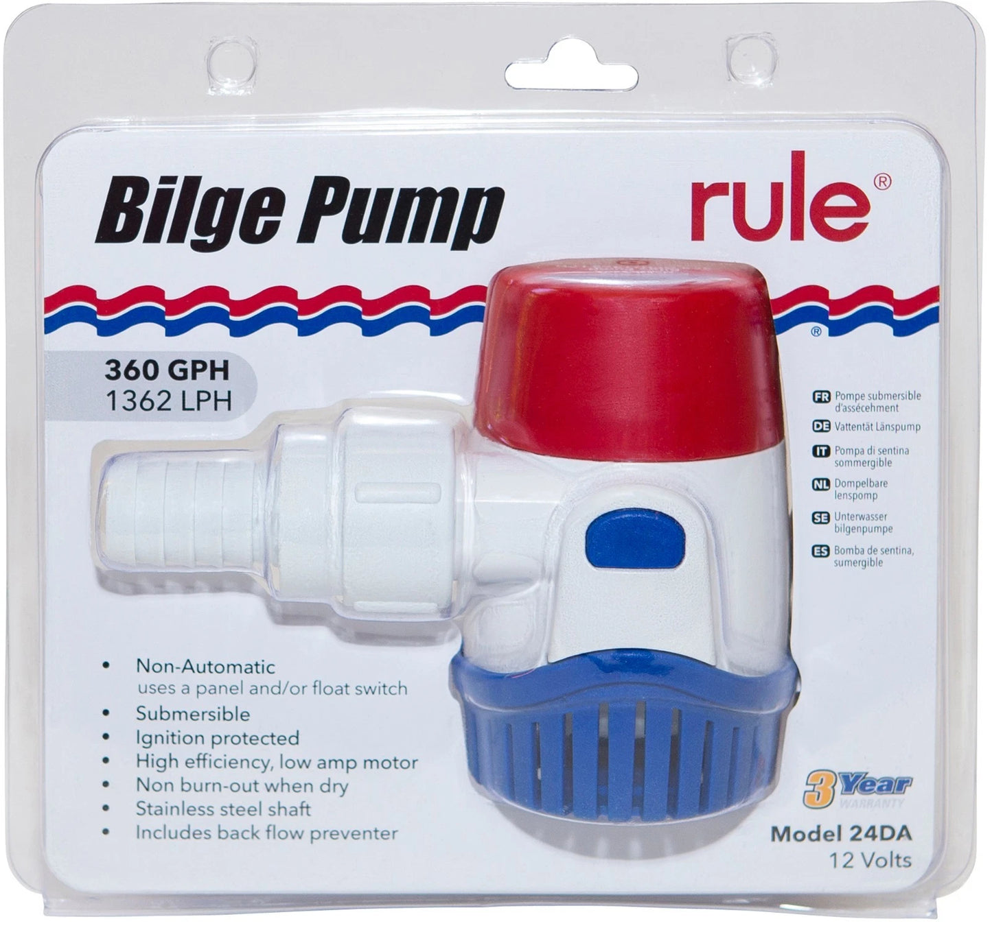 Rule Bilge Pump 360GPH Non-Automatic 12V for Rule 360 Series Models