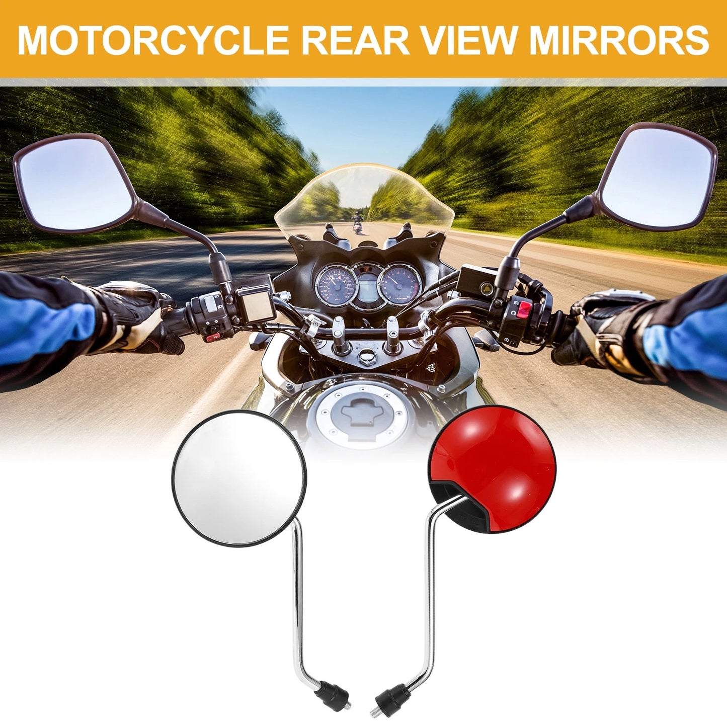 Rear View Mirrors 2 x Handlebar for M8 Motorcycle Silver Tone Red Iron Plastic