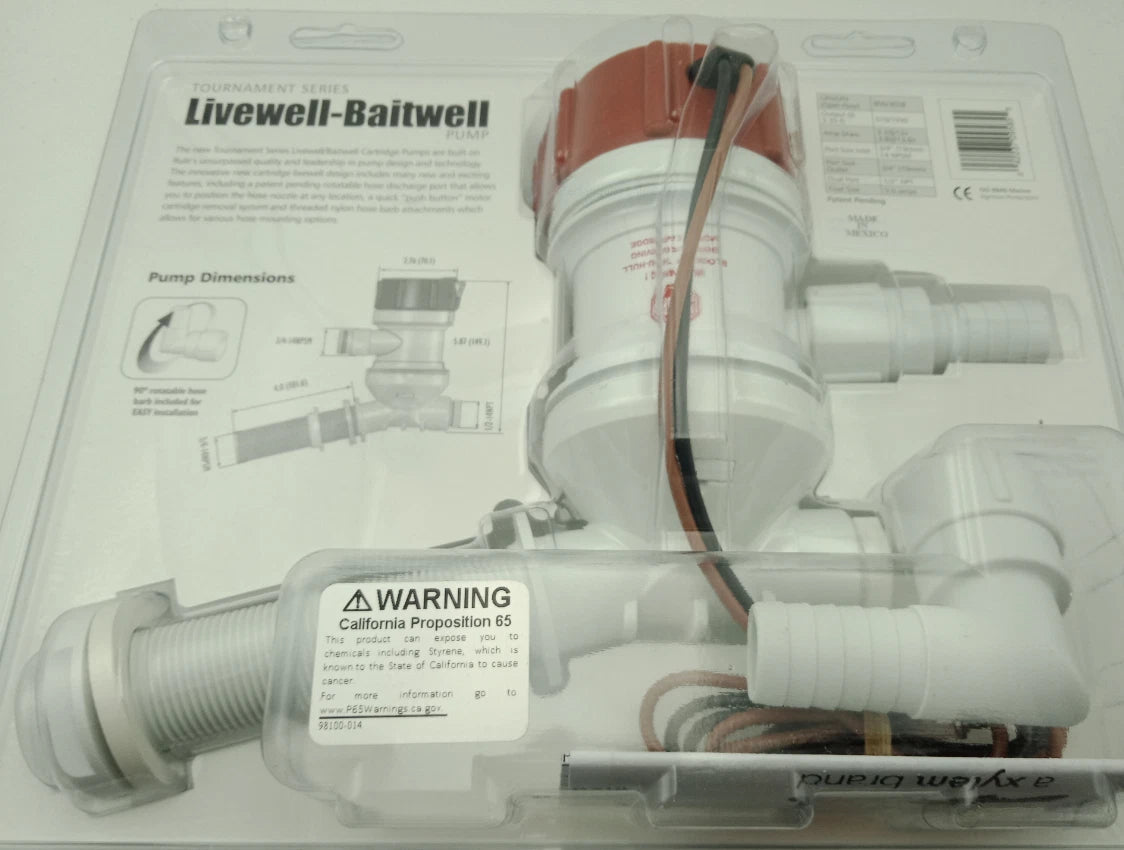 Livewell Baitwell Pump 800 GPH for Rule, Angled Cartridge, Dual Port