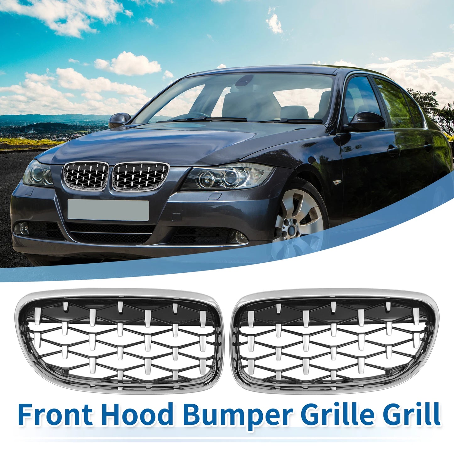 Front Hood Bumper Grille for BMW 335d 328i 335i E90 (2006-2013) - Silver Tone Pair