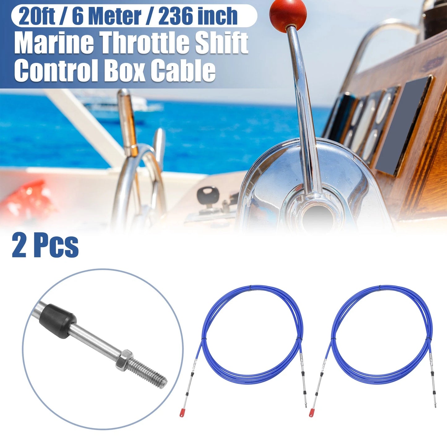 2 x 20ft 236 Inch Marine Throttle Shift Control Box Cable with Clevis Blue