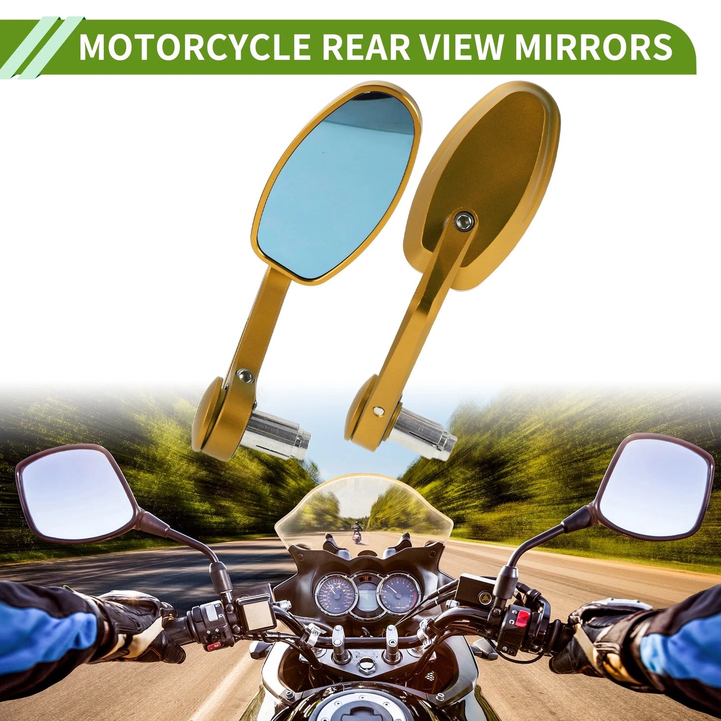 1 Set Motorcycle Rear View Mirrors Oval Shape Gold Tone Aluminum Alloy