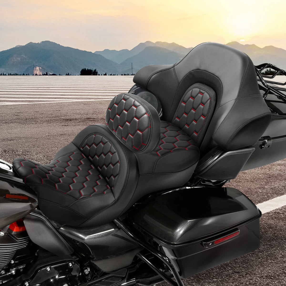 Black Red Driver Passenger Gel Seat Backrest for Harley Road King (2014-2023)