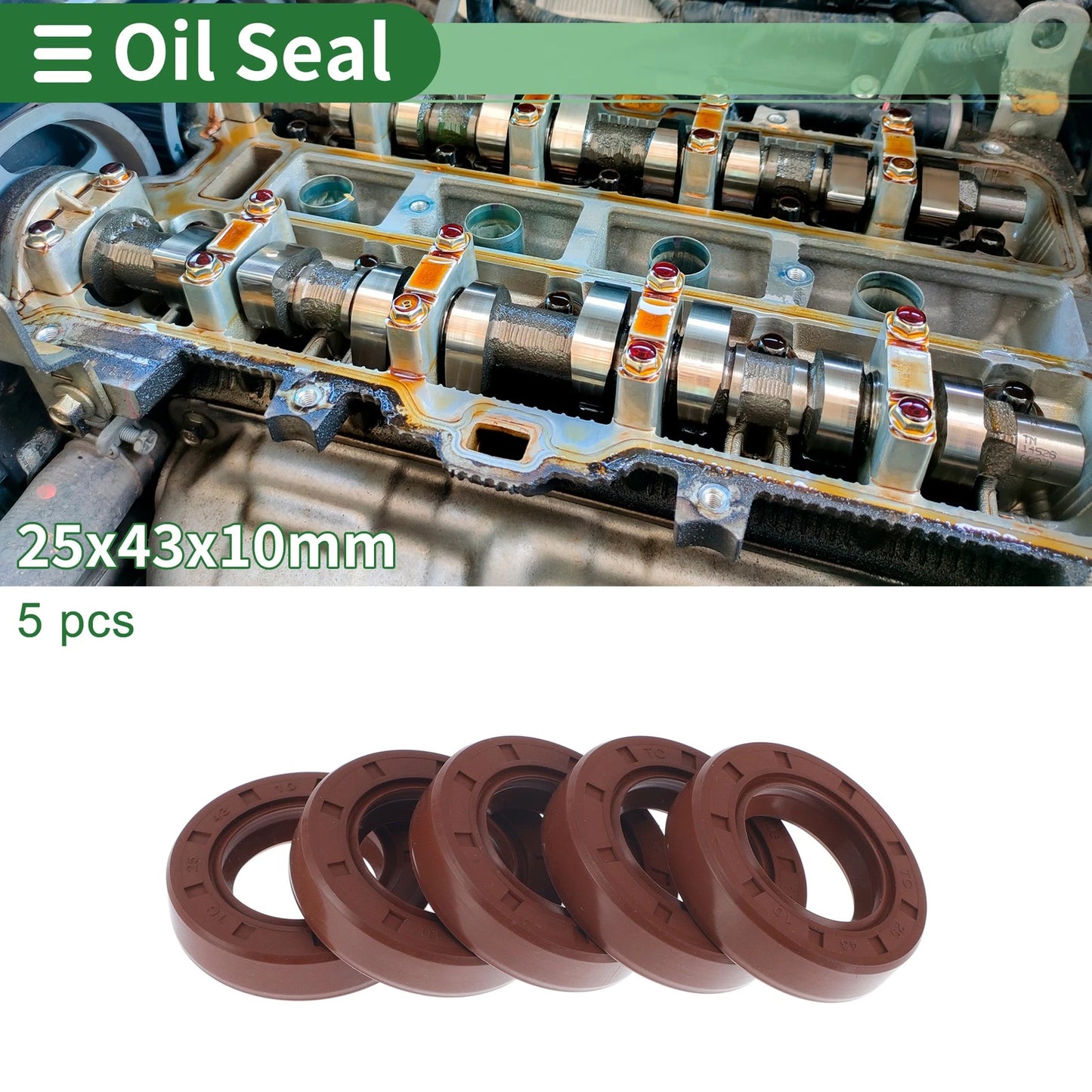 Oil Seal 5 Pcs 25x43x10mm Seal Ring Rotary Shaft FKM Rubber Brown