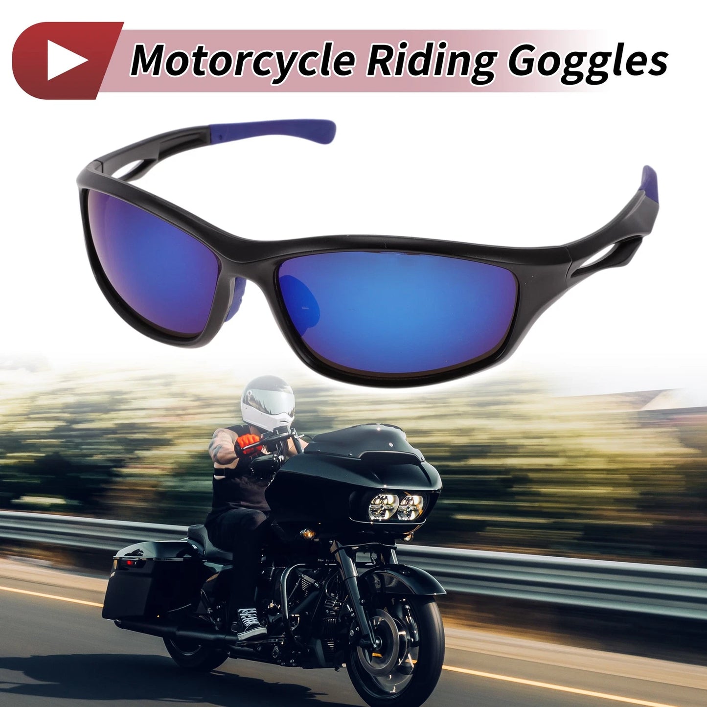 Motorcycle Riding Goggles Blue Lens Black Frame PC Cycling Sunglasses