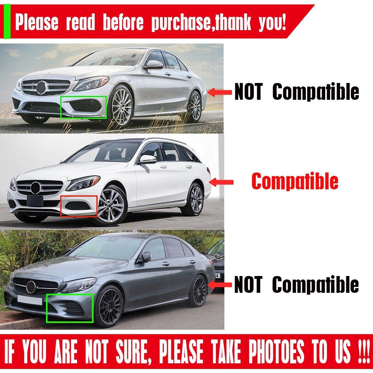 BLk w/Silver Fog Light Cover Grille for Benz C Class W205 C300 (2015–2018)