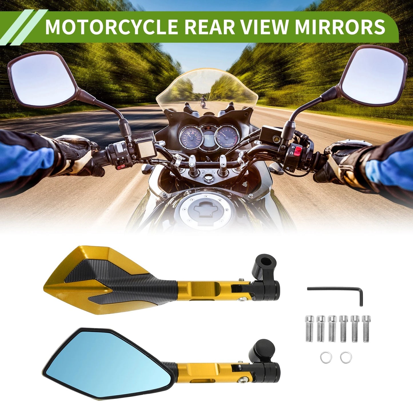 Rear View Mirrors M8/M10 Polygonal Shape Gold Tone Aluminum Alloy for M8/M10