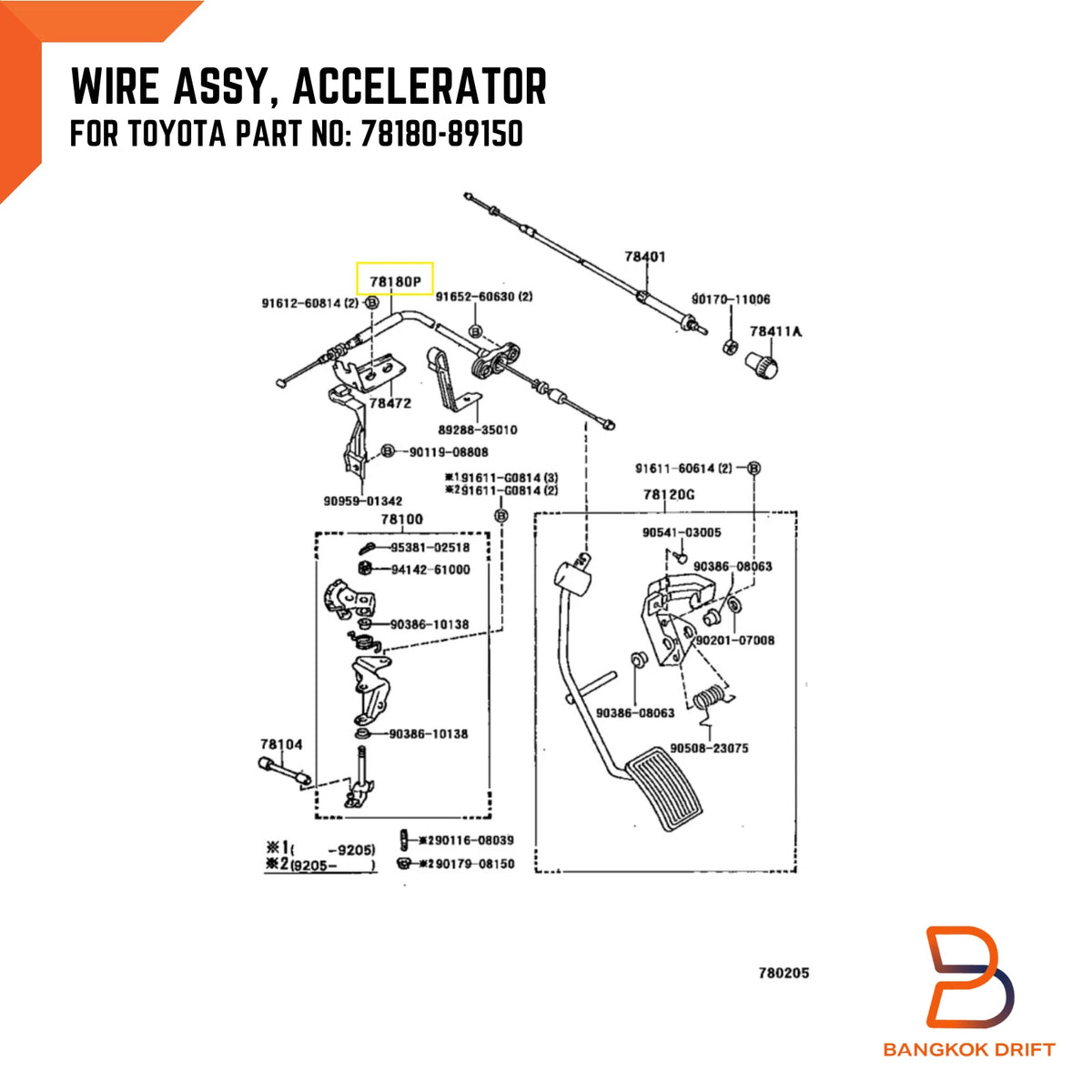 Throttle Cable for Toyota Hilux Ute 2WD, 4Runner (LN80, LN85)