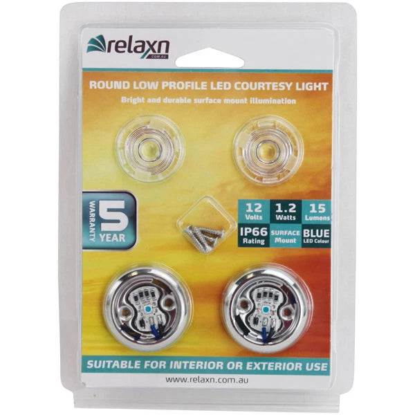 12V LED Round Low Profile Courtesy Light Blue Waterproof 2 Pack 15 Lumen