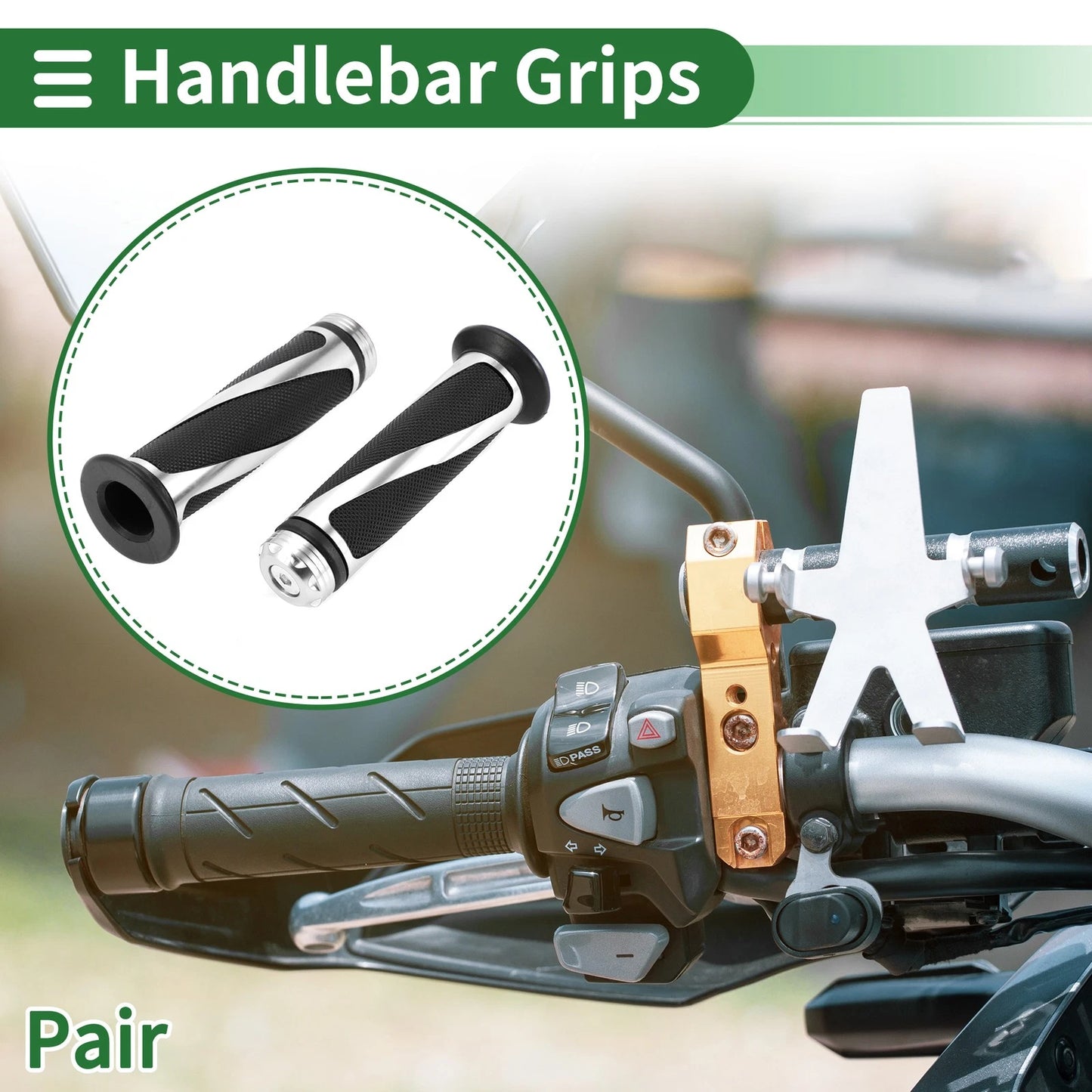 7/8 22mm Hand Grips for Motorcycle Handlebar End Grips Black Silver Tone