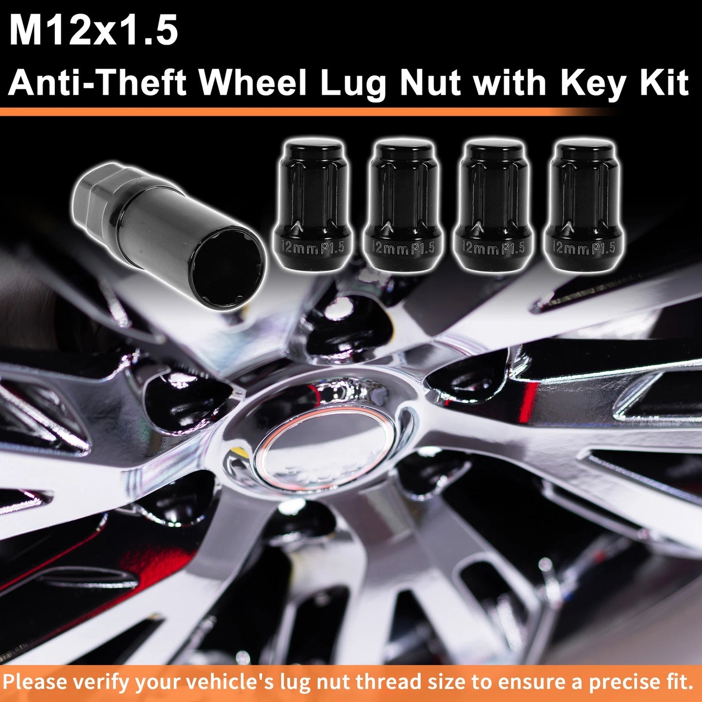M12x1.5 Tire Wheel Locking Nuts  with Socket Key for Honda Toyota Black