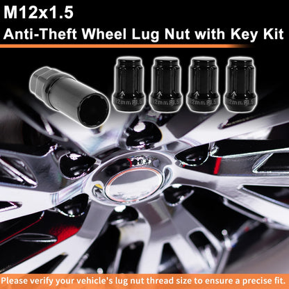 M12x1.5 Tire Wheel Locking Nuts  with Socket Key for Honda Toyota Black