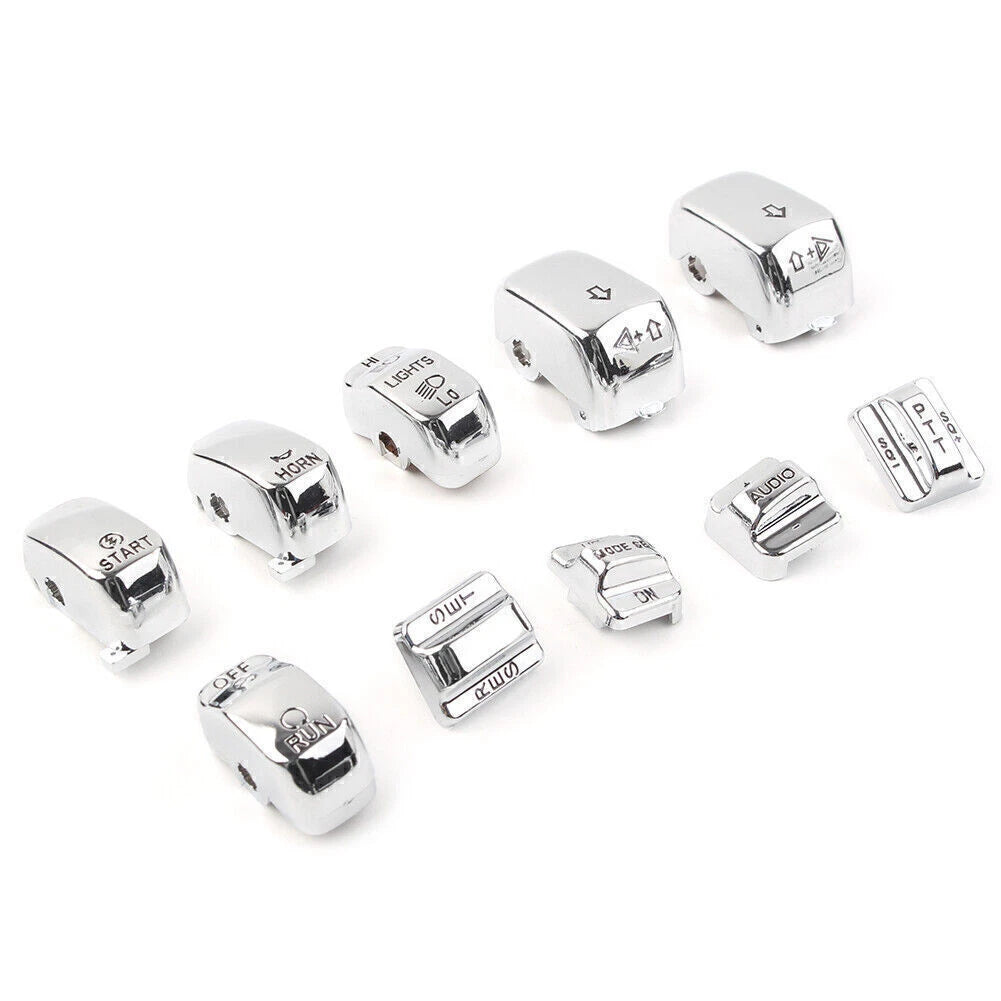 Chrome 10pc Hand Control Switch Housing Button Cap Set for Harley Touring (1996-2013)