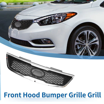 Front Upper Bumper Grille for Kia Forte (2010-2013) Black Chrome Silver Tone