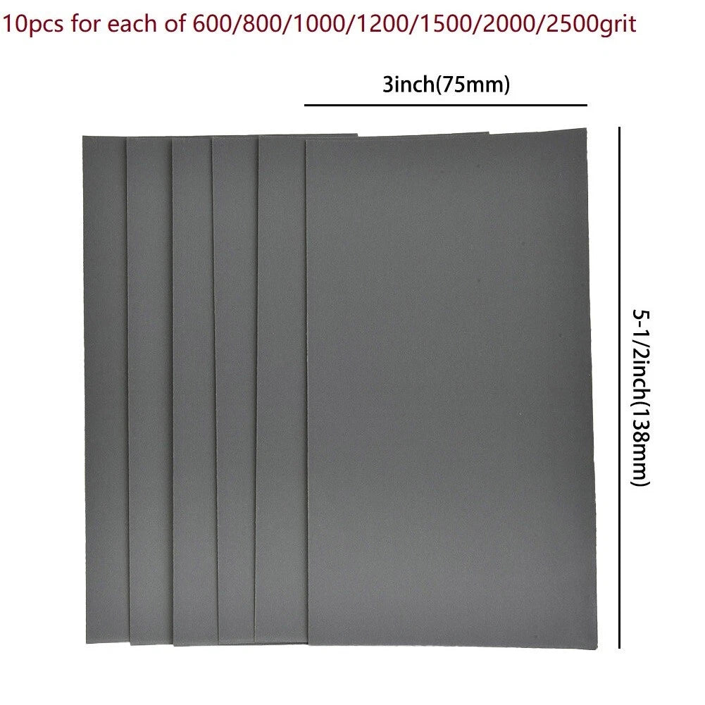 Sandpaper 70x Wet/Dry 3x5-1/2 600-2500 Grit for Auto Car Polisher Tool