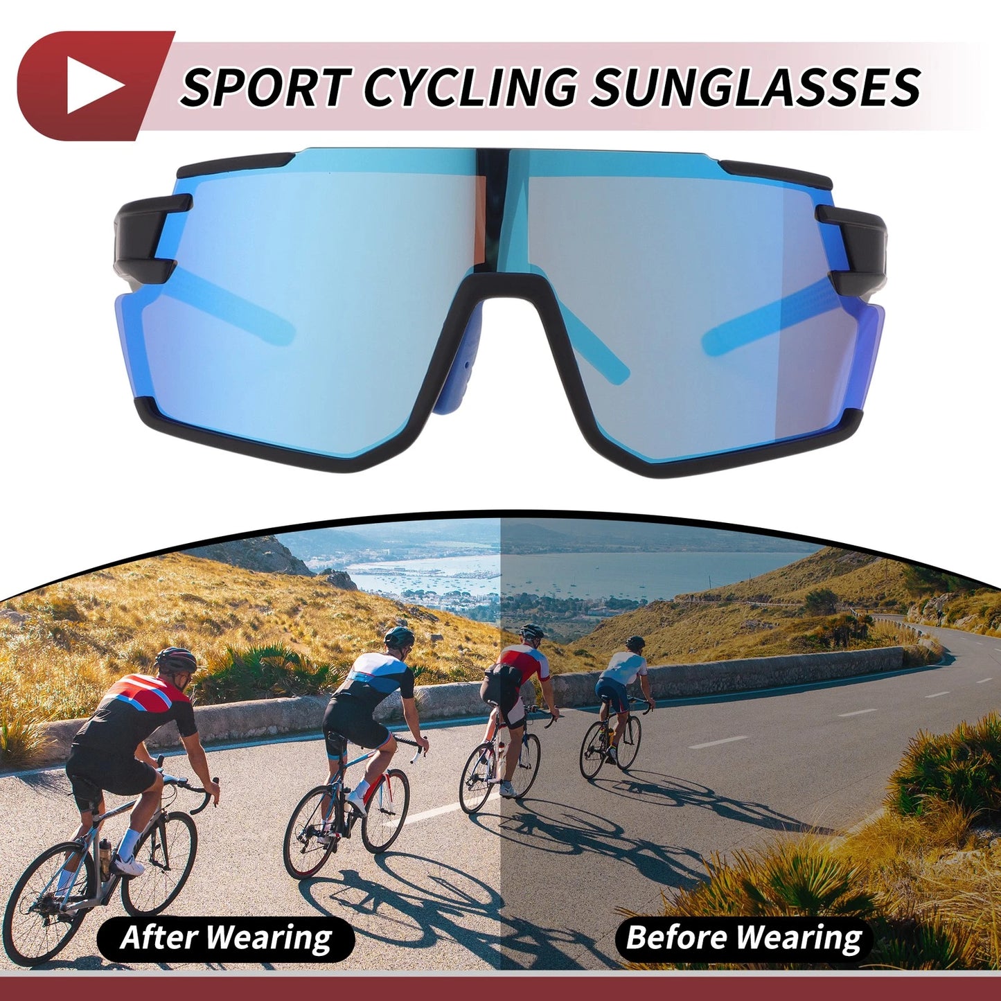 Motorcycle Riding Goggles Blue Lens Black Frame Cycling Sunglasses for PC
