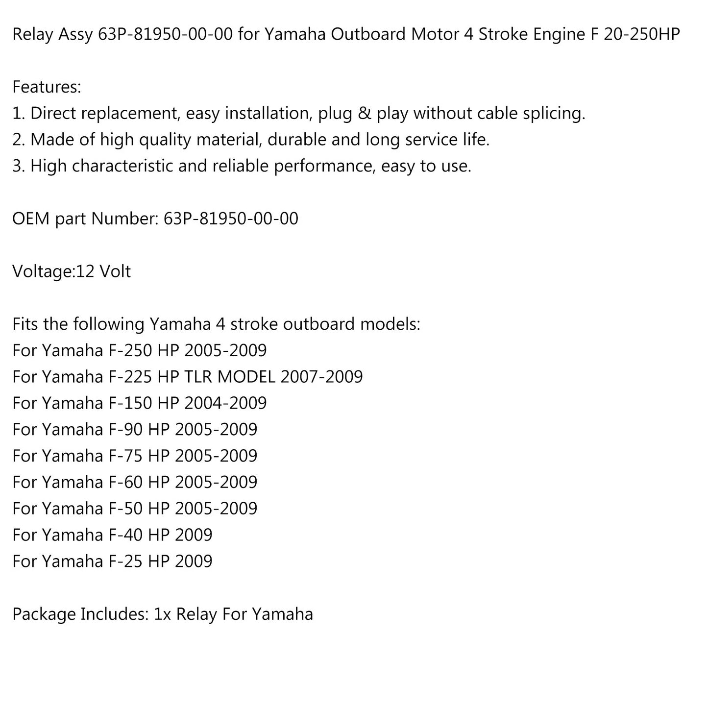 Motor Power Trim Relay 2 Pin for Yamaha F150 F250 (2000-2023)