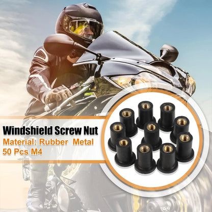 50pcs M4 4mm Straight Black Rubber Windshield Screws Bolts Nut for Motorcycle