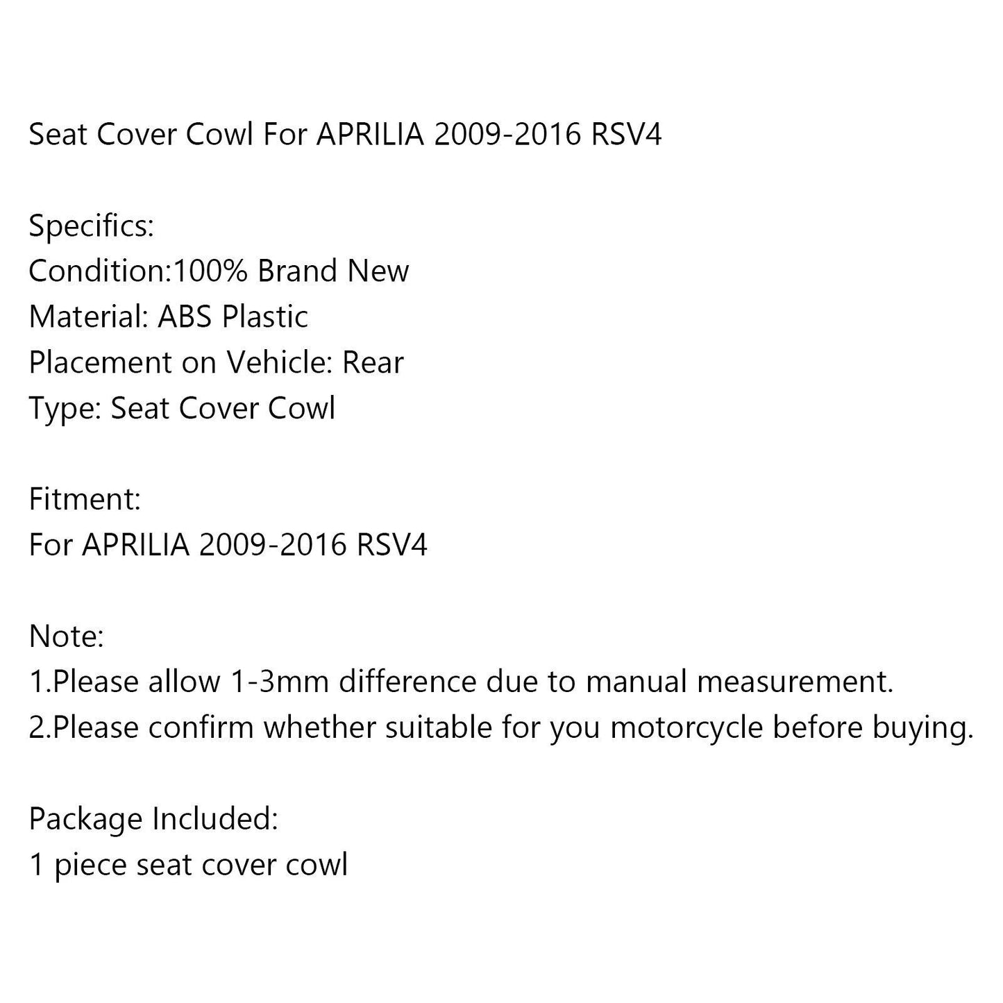 Pillion Cover for 2009-2016 Aprilia RSV4 R 1000 APRC (2 x ABS Black)