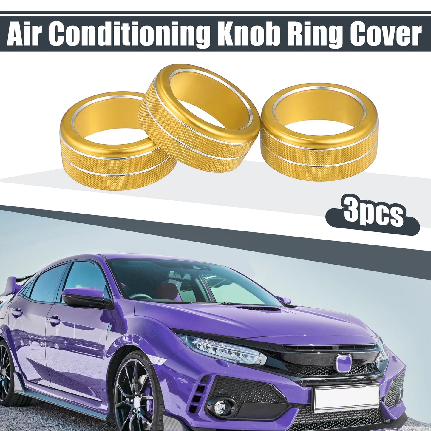 3 x Gold Aluminum AC Climate Control Knob Ring Covers for Honda Civic (2021-2022)