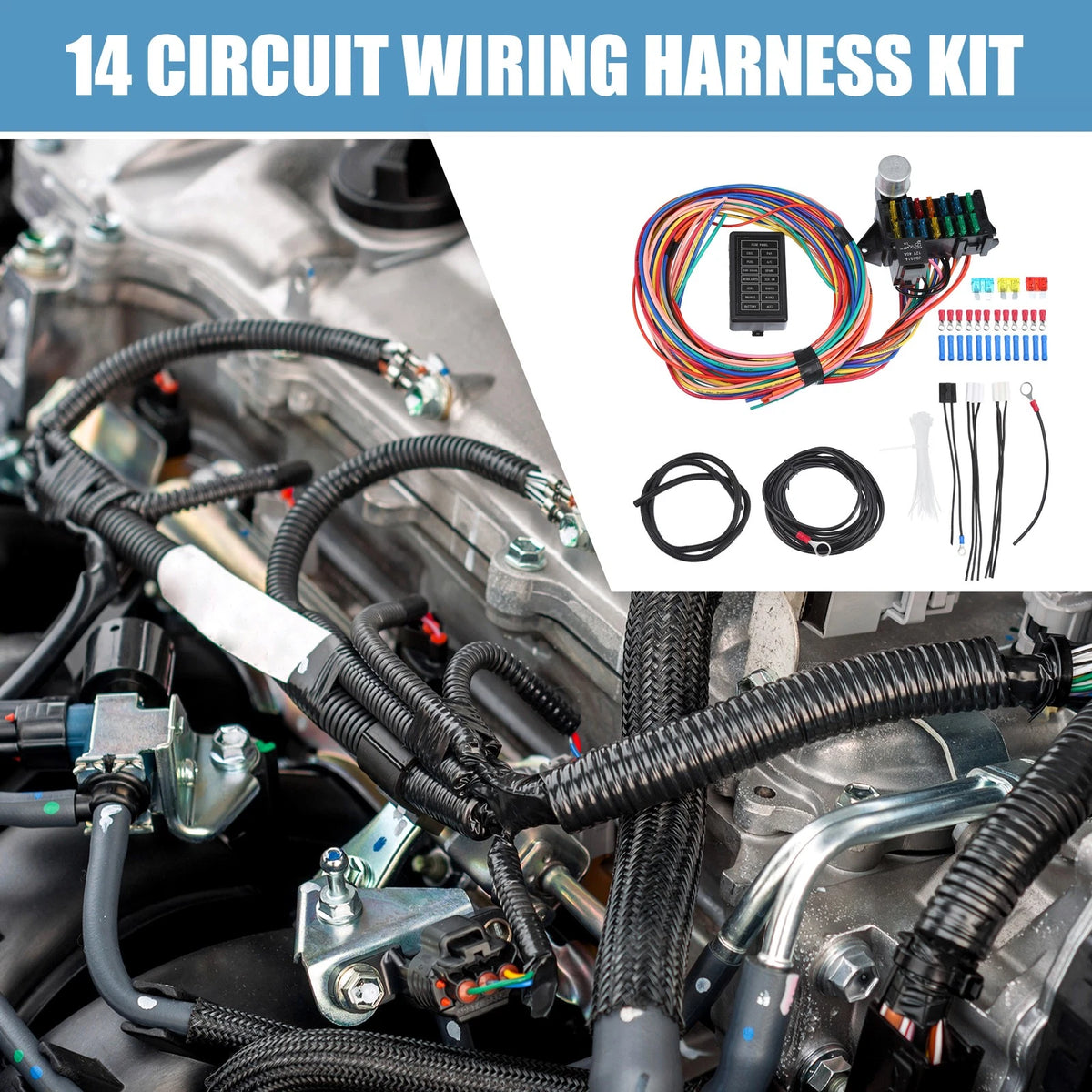 Universal 14 Circuit Wiring Harness Kit with Fuses for GM & Ford