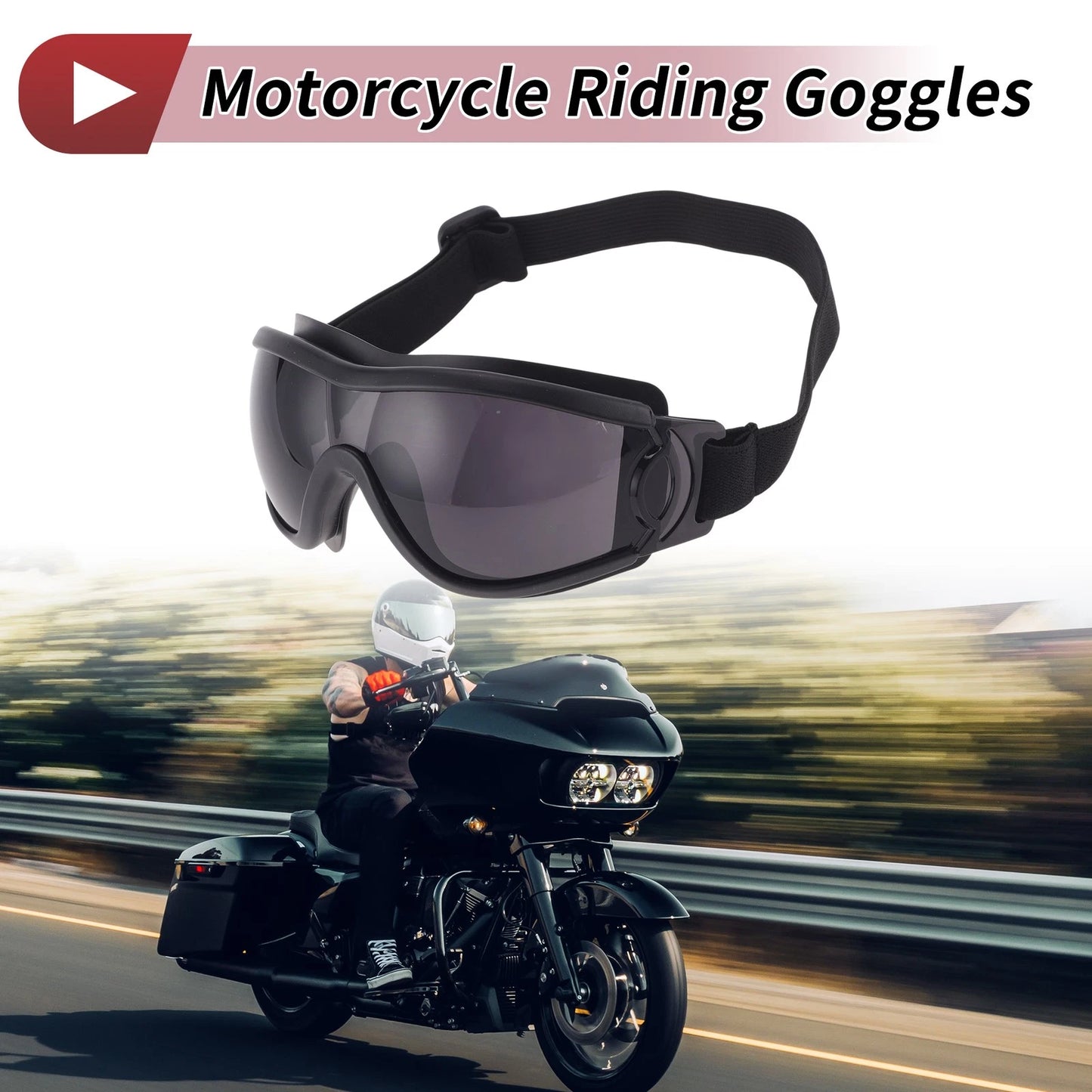 Motorcycle Riding Goggles Deep Gray Lens Black Frame PC PU Cycling Sunglasses
