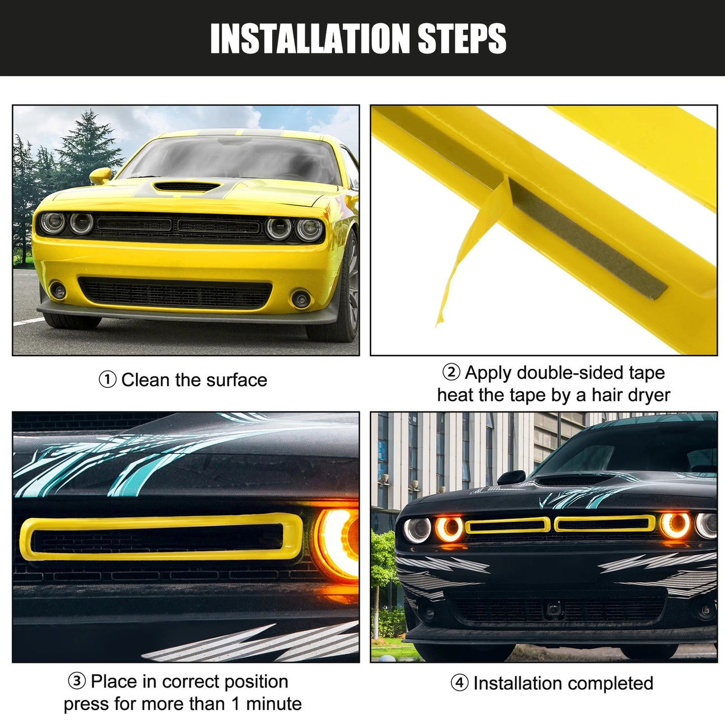 Grille Mesh Inserts Front Exterior Trim for Dodge Challenger (2015-2022) Yellow