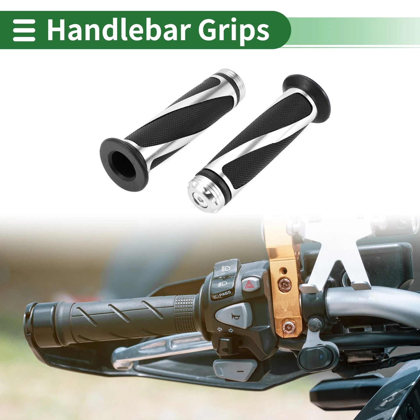 7/8 22mm Hand Grips for Motorcycle Handlebar End Grips Black Silver Tone
